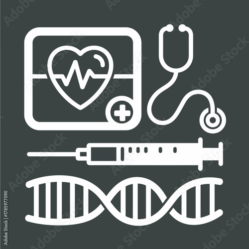 White medical icons E C G heart stethoscope syringe D N A on dark gray background healthcare science