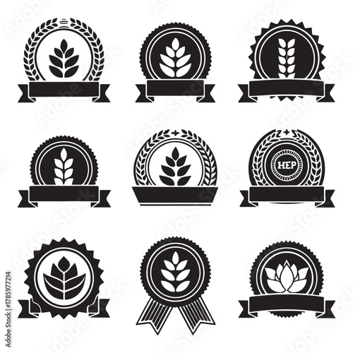 Badge and Ribbon Icons A collection of six diverse black and white emblem designs with customizable ribbon banners (3).eps