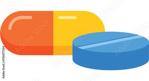 Close Up Of A Colorful Capsule Pill and Round Blue Tablet With A Line Dividing It, Isolated On White
