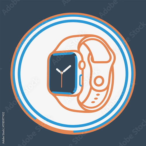 Orange and blue outline smartwatch with analog clock face on white circle wearable technology