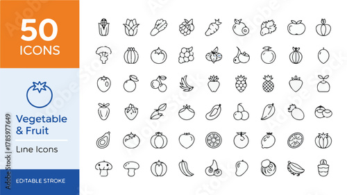 A collection of 50 line art icons arranged in a grid format, featuring vegetables and fruits.  