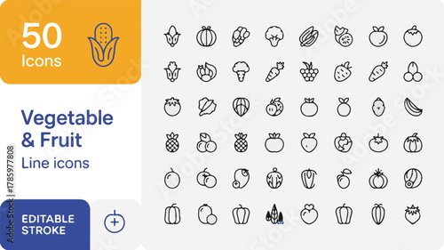 A collection of 50 line art icons arranged in a grid format, featuring vegetables and fruits.  