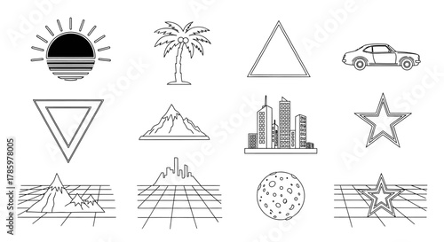 Collection of outlined icons including sun, palm tree, triangle, car, mountain, cityscape, star, moon, and grid landscapes.