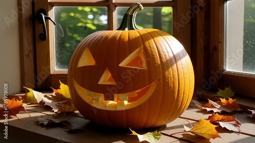 Carved Halloween pumpkin with a smiling face sits on a windowsill surrounded by autumn leaves.