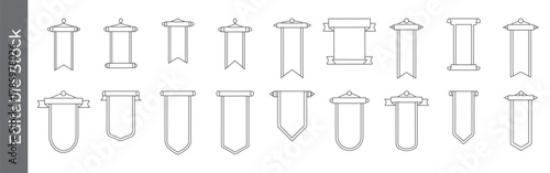 Hanging banner and ribbon line icon set – editable outline symbols of flag, pennant, award, and decorative signage