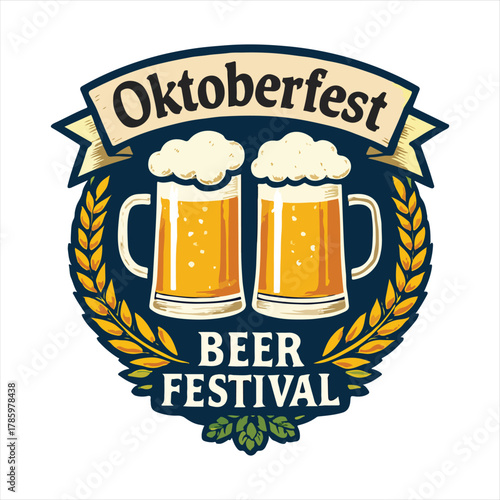 Celebratory emblem featuring two frothy beer mugs and wheat stalks with the word beer anniversary