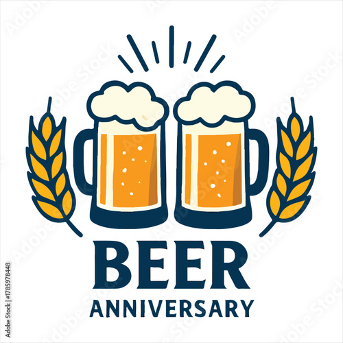 Oktoberfest beer festival emblem featuring two frothy mugs of golden beer surrounded by laurel wreath and hops