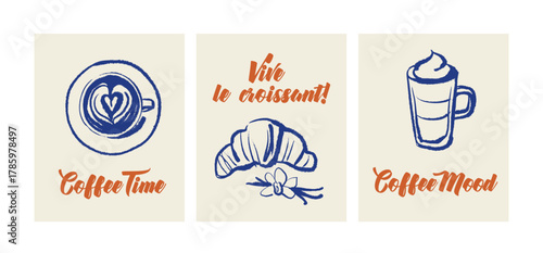 Hand drawn vintage coffee shop poster set. Cafe menu, bakery packaging design concept. Whimsical sketch vector illustration.