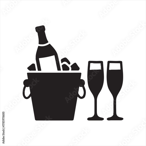 Silhouette of a champagne bottle chilling in an ice bucket next to two elegant champagne flutes