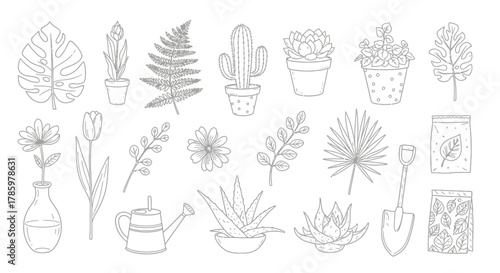 Line art illustration featuring various potted plants, flowers, leaves, and gardening tools.