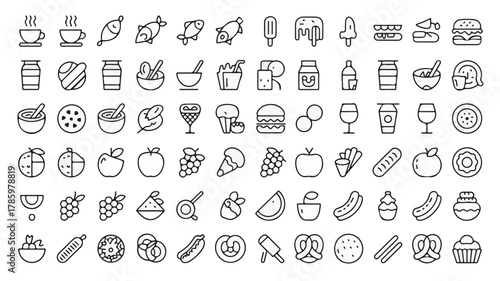 A collection of 80 black and white line art food and beverage icons arranged in 10 rows of 8 icons each. 