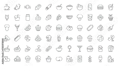 A collection of 80 black and white line art food and beverage icons arranged in 10 rows of 8 icons each.  
