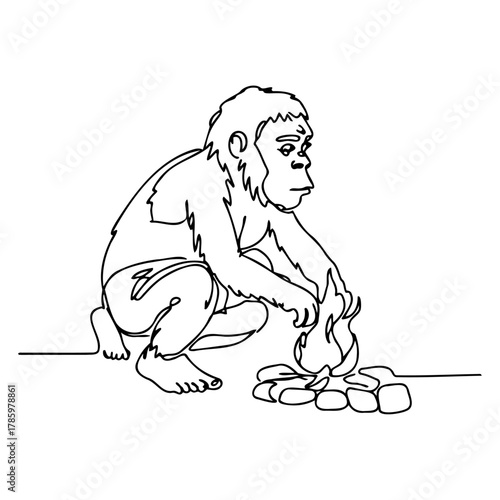Continuous Line Drawing of Early Hominid Making Fire