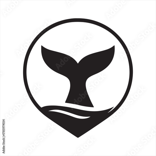 Stylized black silhouette of a whale tail emerging from wavy water inside a circular frame
