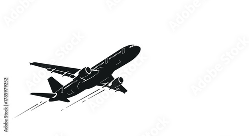 Silhouette of a modern passenger jet airplane ascending into the sky with motion lines indicating speed and ascent