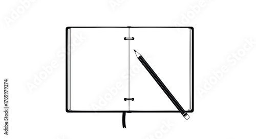 Minimalist black and white illustration of an open notebook with a pencil lying across its blank pages and a ribbon bookmark