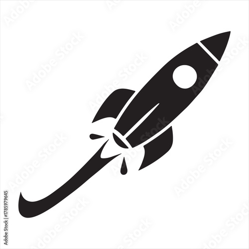 Stylized black silhouette of a retro rocket ship blasting off with fiery exhaust against a white background