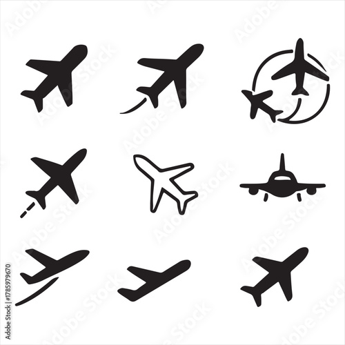 Collection of nine stylized airplane icons in various poses and orientations representing travel and aviation concepts