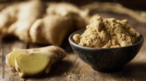 Ground ginger powder and fresh ginger root on wooden table. Generative AI