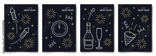New Year cards with bottle of champagne, glass, firecracker and fireworks. Set of minimalist posters design in white, yellow and blue colors. Vector illustration.
