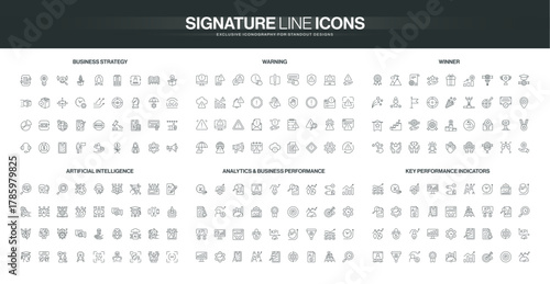Comprehensive collection of thin line icons covering business strategy, warnings, winners, artificial intelligence, analytics, and key performance indicators isolated vector illustration