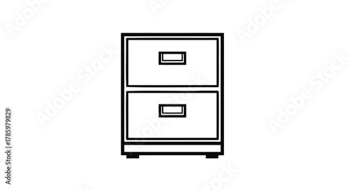 Simple black and white line art illustration of a two drawer filing cabinet with handles on a white background