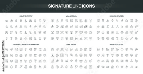 Black line icon set illustrating creative startup, visa approval, business strategy, analytics, performance, core values, designed for modern corporate web, app, presentation use vector illustration
