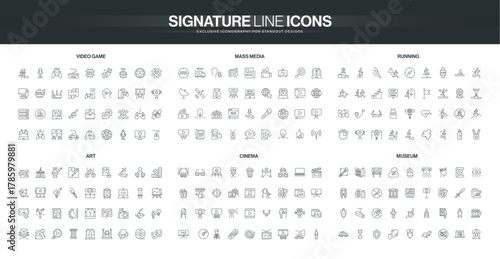 Collection of thin line icons representing video games, mass media, running, art, cinema, and museum themes, suitable for diverse creative and informational projects isolated vector illustration