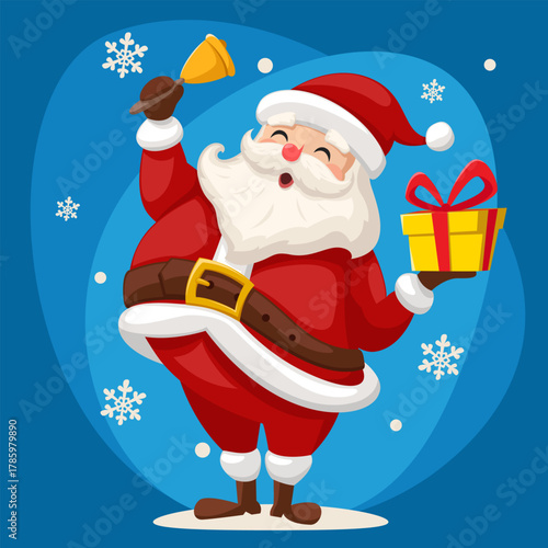 Santa Claus ringing a bell and holding a gift on a blue background. Christmas character