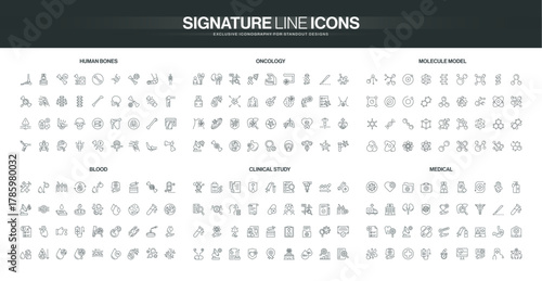 Comprehensive set of line icons covering human bones, oncology, molecular models, blood, clinical study, and general medical themes for scientific and healthcare projects isolated vector illustration