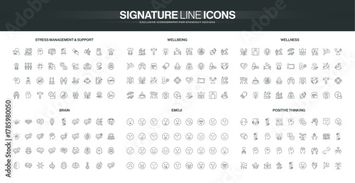 Comprehensive line icon set covering stress management, wellbeing, wellness, brain health, emoji emotions, and positive thinking themes isolated vector illustration