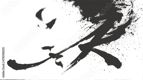 Abstract female portrait in oriental ink brush painting style — minimalist black and white art