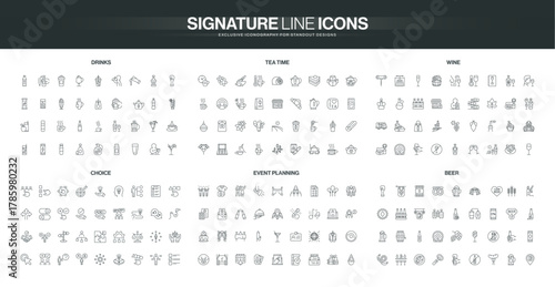 Comprehensive line icon collection featuring drinks, tea time, wine, beer, event planning, and choice concepts with modern minimalist style isolated vector illustration