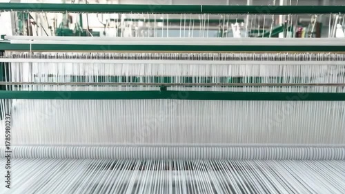 Detailed view of a textile machine in action with slow pan and zoom showing weaving process