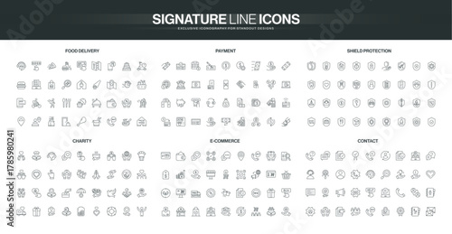 Modern line icons collection covers food delivery, payment, shield protection, charity, ecommerce, contact themes, suitable for digital business and web design isolated vector illustration