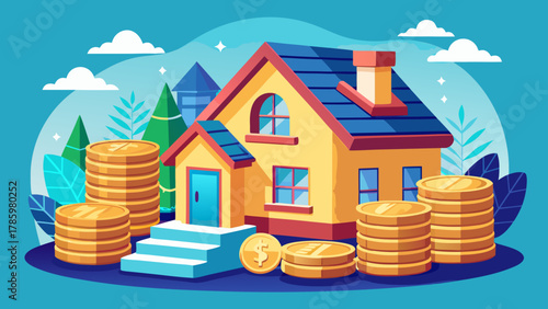 Very beautiful miniature house sitting atop stacked piles of coins, symbolizing the connection between property ownership and wealth, featuring clean composition, soft balanced light, and a realistic 