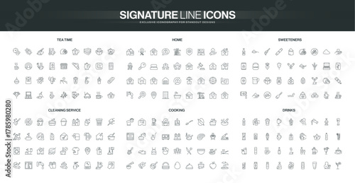 Collection of minimal line icons themed around tea time, home essentials, sweeteners, cleaning service, cooking, and drinks, suitable for diverse lifestyle concepts isolated vector illustration