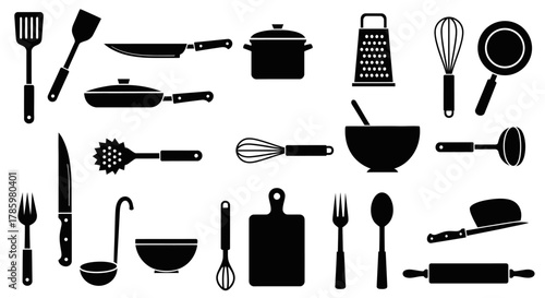 Collection of various kitchen utensils, illustrated in a simple black silhouette style.