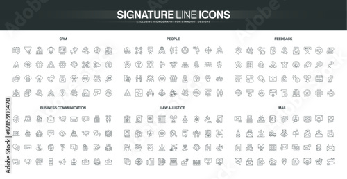 Comprehensive line icon set covering CRM, people, feedback, business communication, law, justice, and mail concepts in a modern minimal style isolated vector illustration