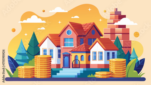 Very beautiful miniature house sitting atop stacked piles of coins, symbolizing the connection between property ownership and wealth, featuring clean composition, soft balanced light, and a realistic 
