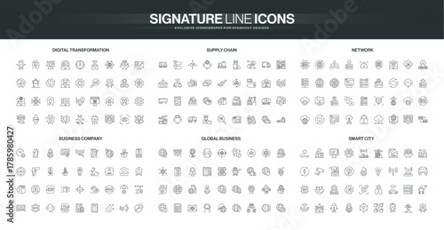 Comprehensive set of thin line icons covering digital transformation, supply chain, network, business, global commerce, and smart city technology concepts isolated vector illustration