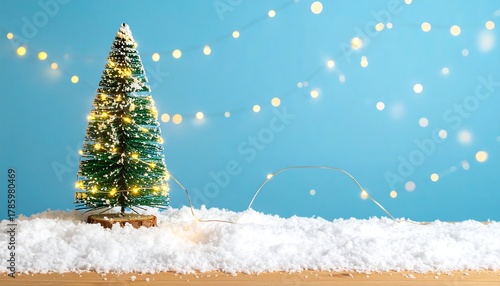 Tiny Christmas tree adorned with lights on snowy surface against a serene blue background