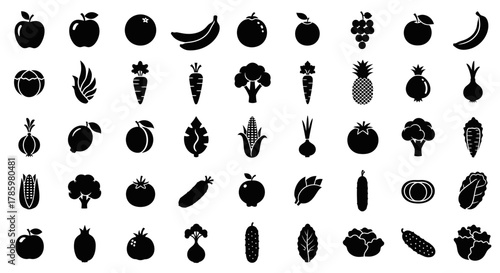 Collection of stylized black and white fruit and vegetable icons displayed on a white background.