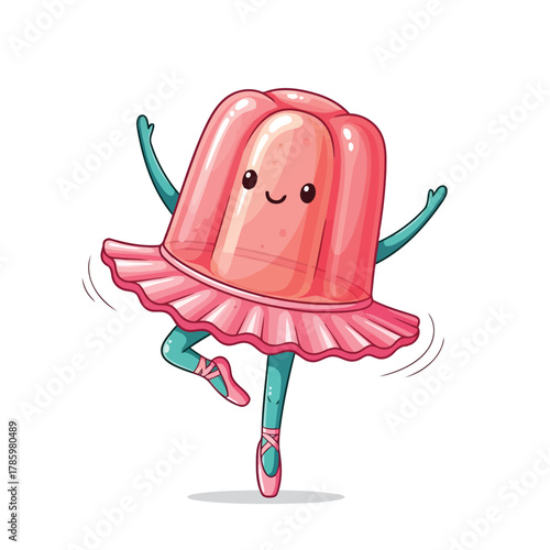 A cute pink jelly dessert character in a tutu and ballet shoes dancing