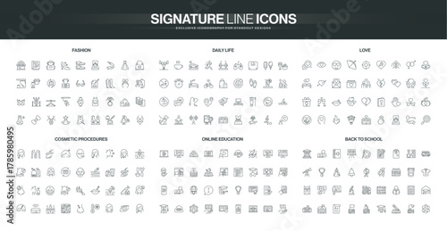 Set of thin line icons covering fashion, daily life, love, cosmetic procedures, online education, and back to school themes, modern and simple isolated vector illustration