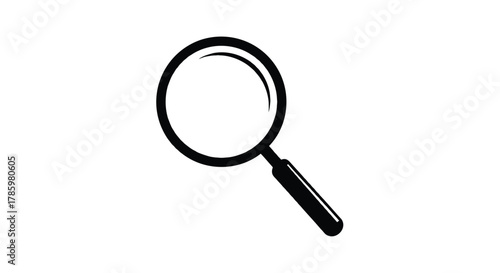 Simple black silhouette of a magnifying glass on a clean white background symbolizing search and discovery