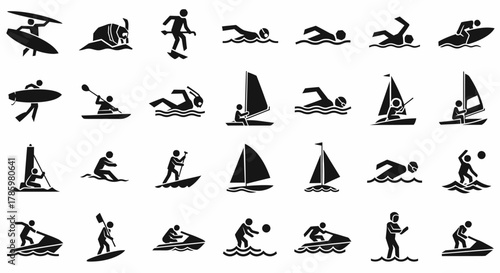 A collection of black silhouette icons depicting various water sports activities and figures in motion, including surfing, swimming, sailing, and jet skiing.