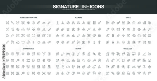 Comprehensive set of line icons covering molecule structures, rockets, space exploration, data science, blood analysis, and oncology research themes isolated vector illustration