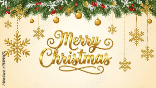 Golden Merry Christmas greeting with festive ornaments and snowflake decorations