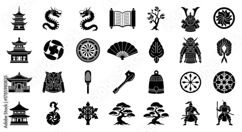 A collection of various traditional Japanese cultural symbols in black and white.